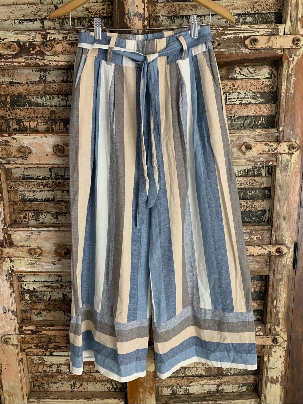 Women’s Striped Blue Tan Cotton High Waisted Palazzo Pants, Capris, NWOT, M
